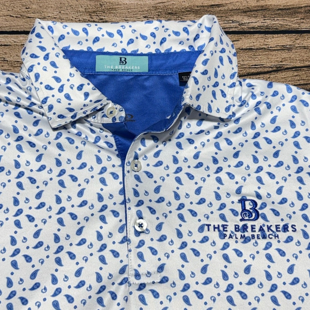 The Breakers Palm Beach Polo Shirt Mens Large White Blue Paisley Golf Resort